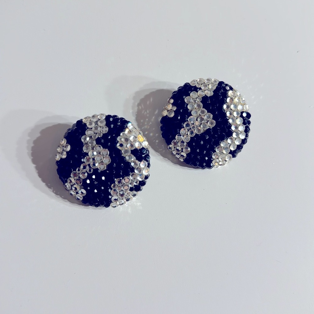 Vtg 1980's Signed Richard Kerr Black and Clear Crystal Large Round Clip Earrings